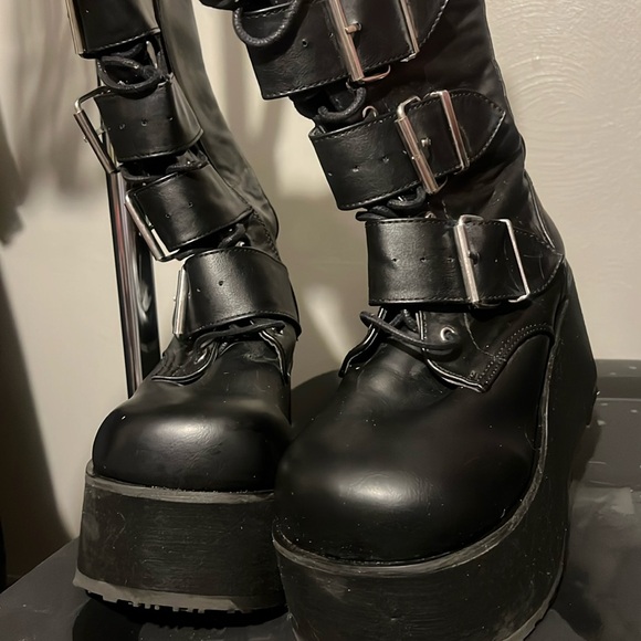 Black tall Demonia Platform Boots with Buckles🖤 - Picture 1 of 9